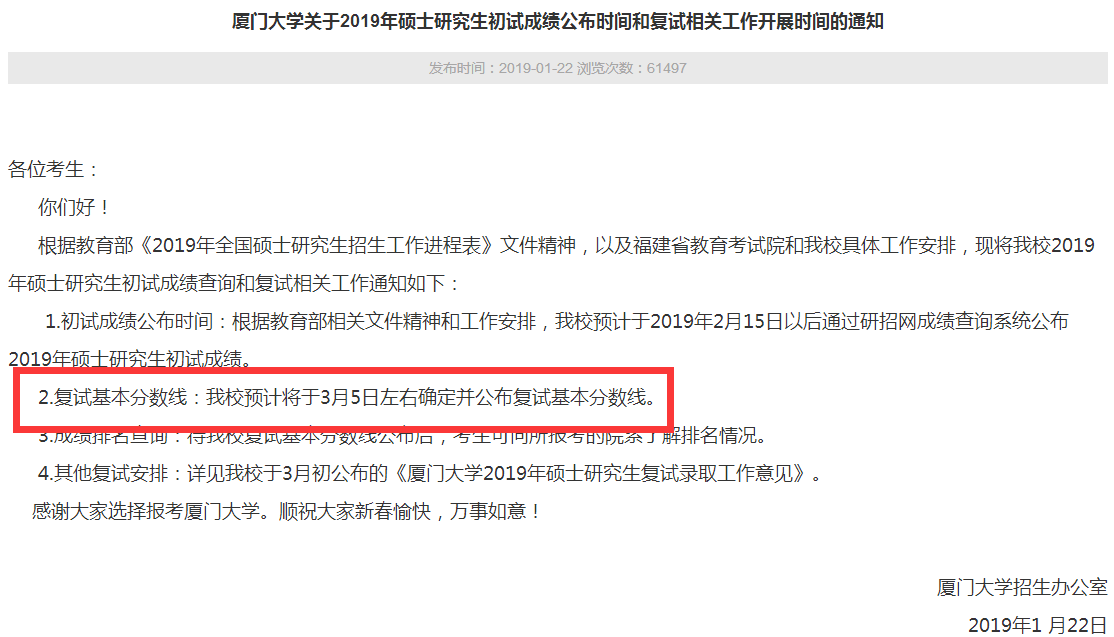 2019年廈門(mén)大學(xué)考研復(fù)試分?jǐn)?shù)線