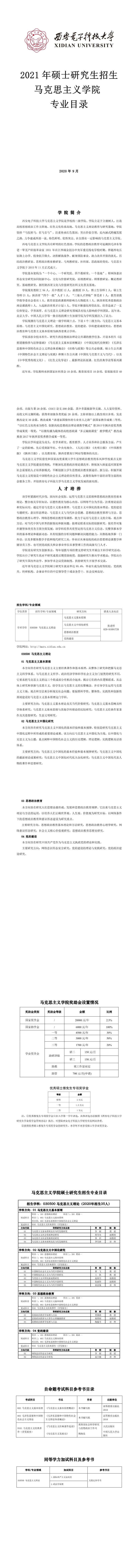 西安電子科技大學016馬克思主義學院2021年碩士研究生招生專業目錄