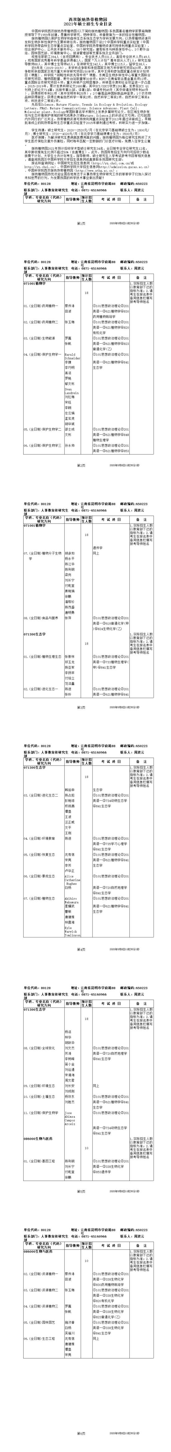 中國科學院西雙版納熱帶植物園2021年碩士研究生招生專業目錄