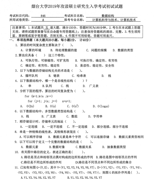 考研真題:2019年煙臺大學外國語學院碩士研究生招生考試初試自命題