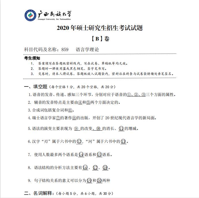 考研真題:廣西民族大學2020年碩士研究生招生考試試題859語言學理論