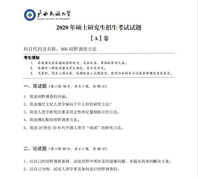 考研真題:廣西民族大學2020年碩士研究生招生考試試題866田野調查方法