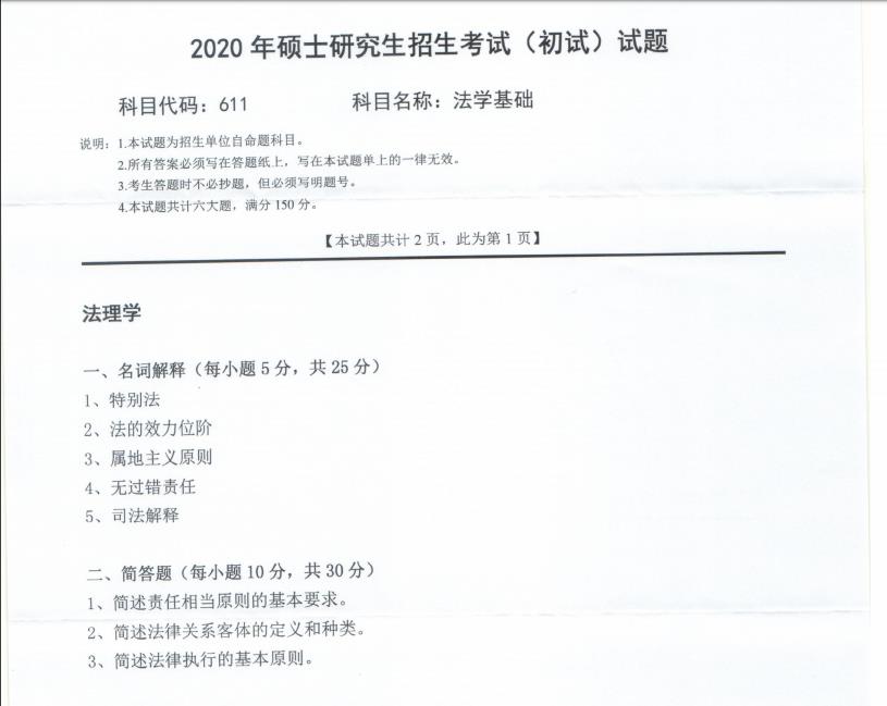 考研真題:西南科技大學2020年碩士自命題試題611法學基礎
