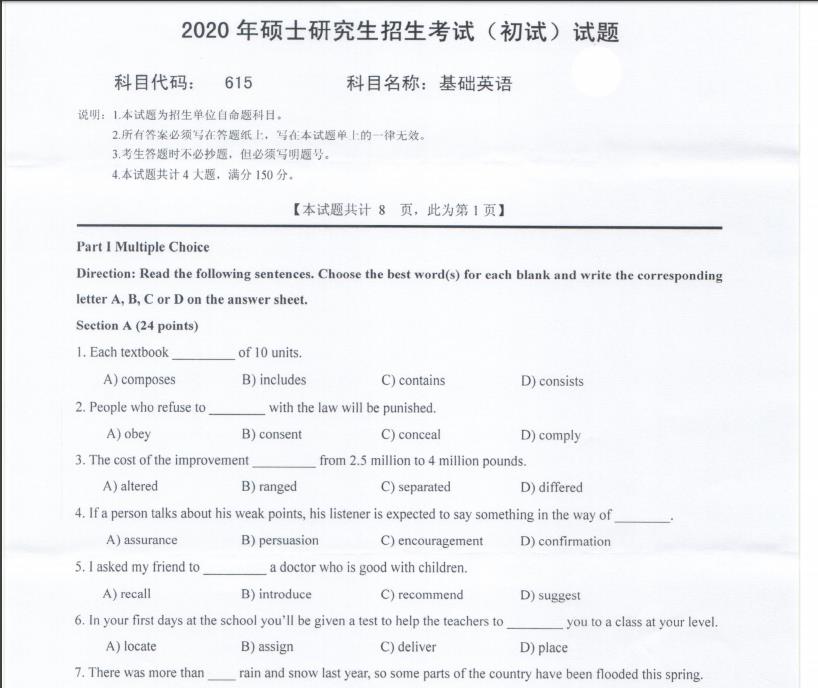 考研真題:西南科技大學2020年碩士自命題試題615基礎英語